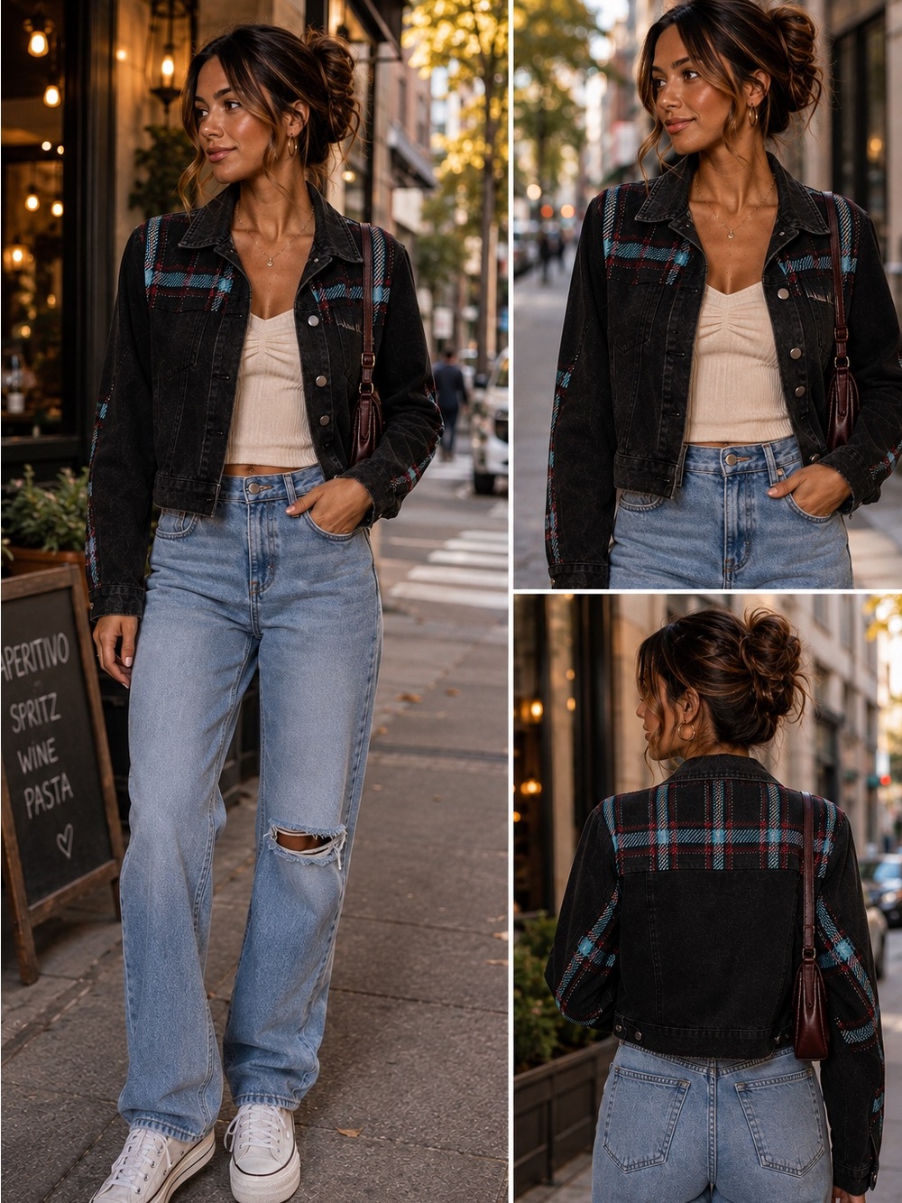 Calista Black Denim Jacket with Red & Blue Plaid Accents NWT Small
